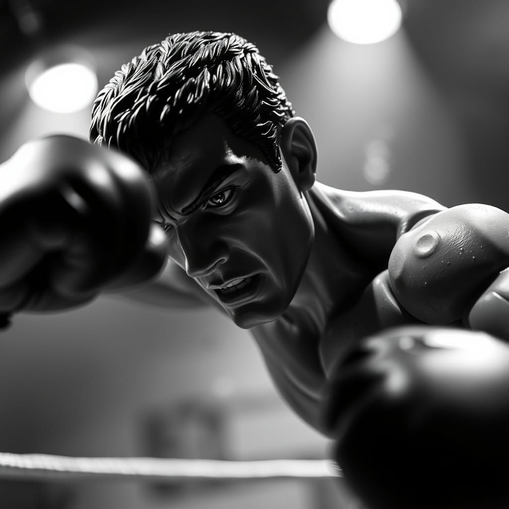 Boxer's Intense Close-Up in Cinematic Black-and-White