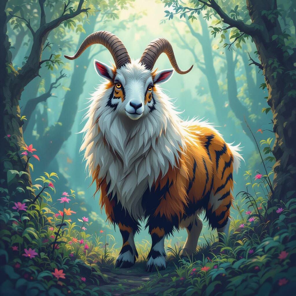 Majestic Goat-Tiger Hybrid in Mystical Forest