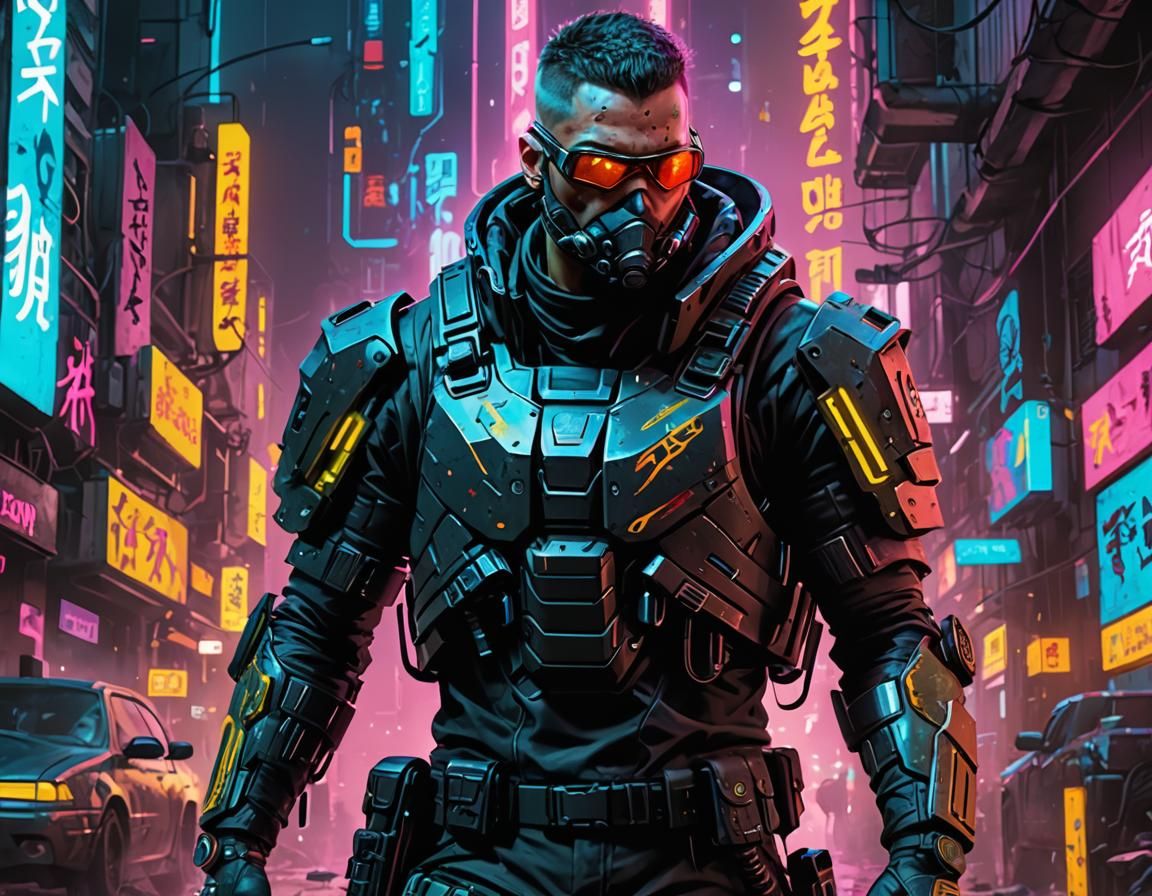 Cyberpunk Mercenary in Graffiti Street Art Style