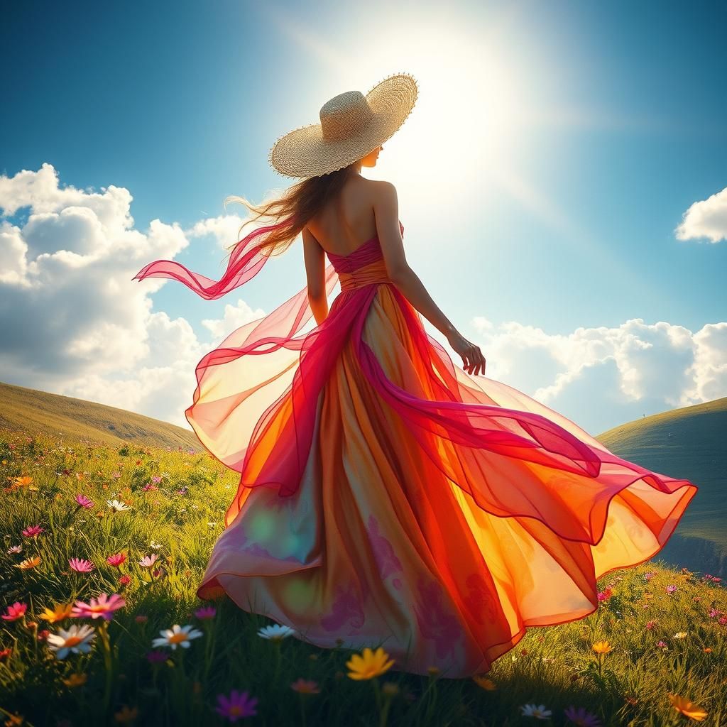 Woman in Gown on Wildflower Hillside