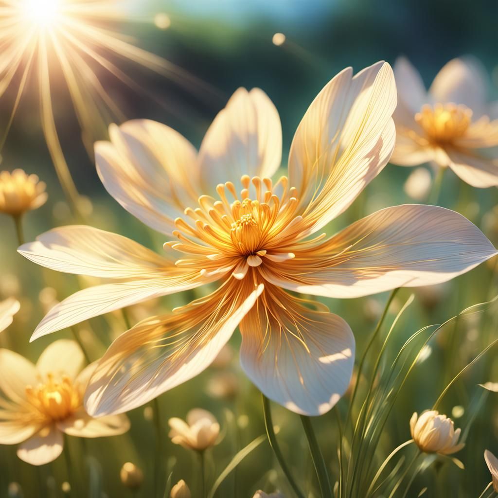 Delicate Flower Blooms in Sunlit Meadow: 3D Anime