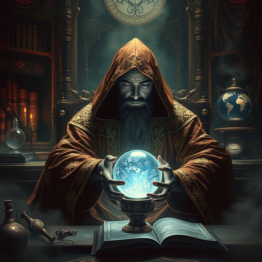Mystical Fortune Teller in Futuristic Noir Style