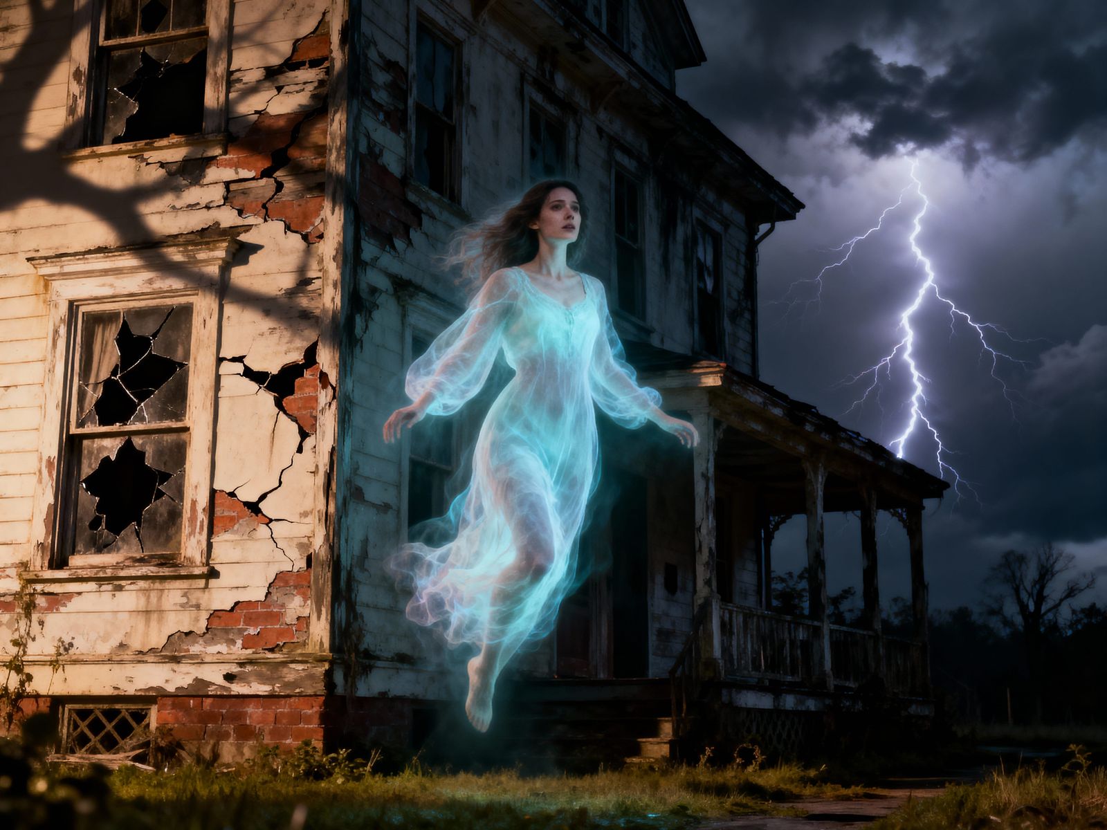 Ghostly Woman Before Haunted House in Lightning