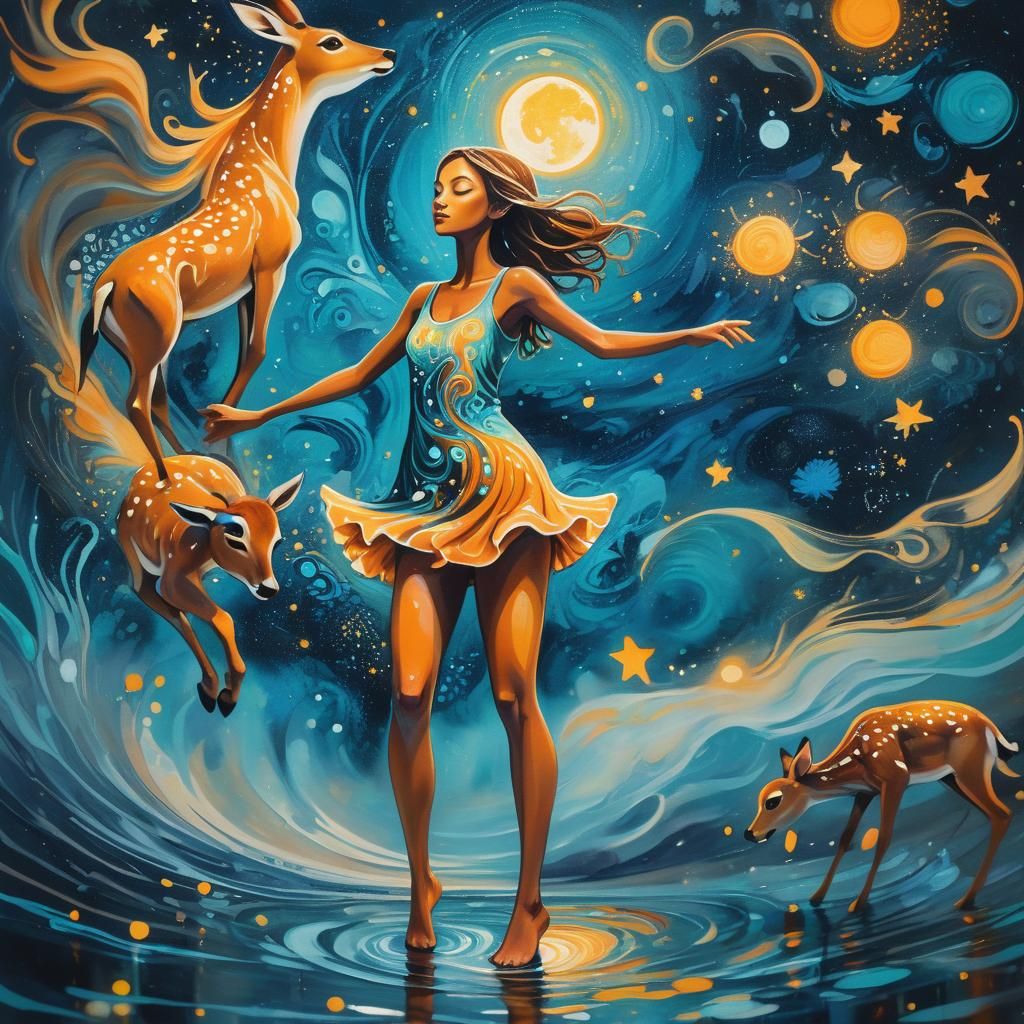 Dreamy Graffiti Art of Dancing Girl in Teal and Orange