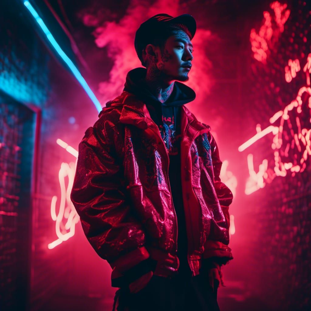 Tattooed Gangster in Red Electroluminescent Light