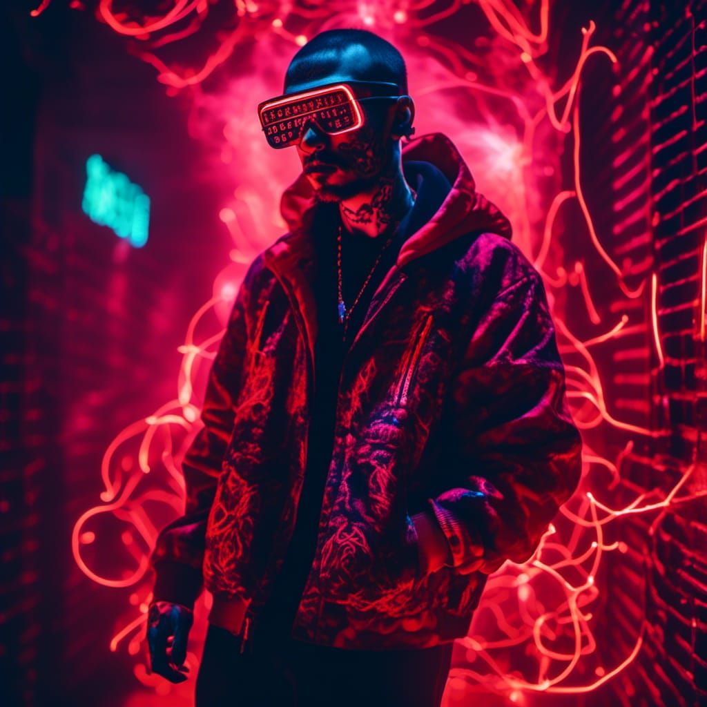 Hyperreal Tattooed Gangster in Red Electroluminescent Light