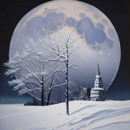 Impressionist Snowy Landscape Under Moonlight Gouache Painti...