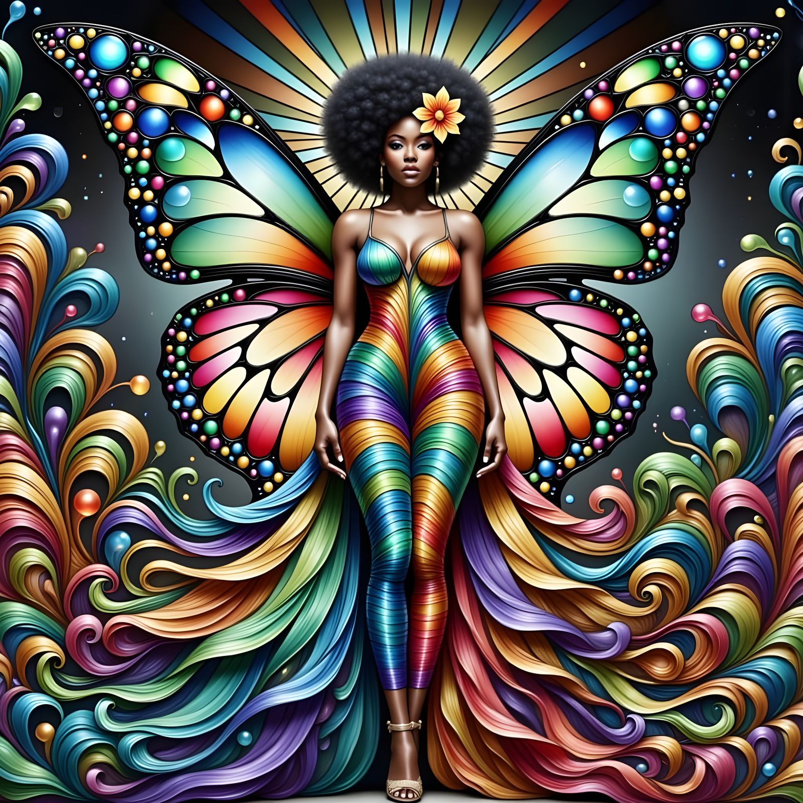 Fantasy Fashion Portrait: Black Woman in Flowing Gown and Bu...