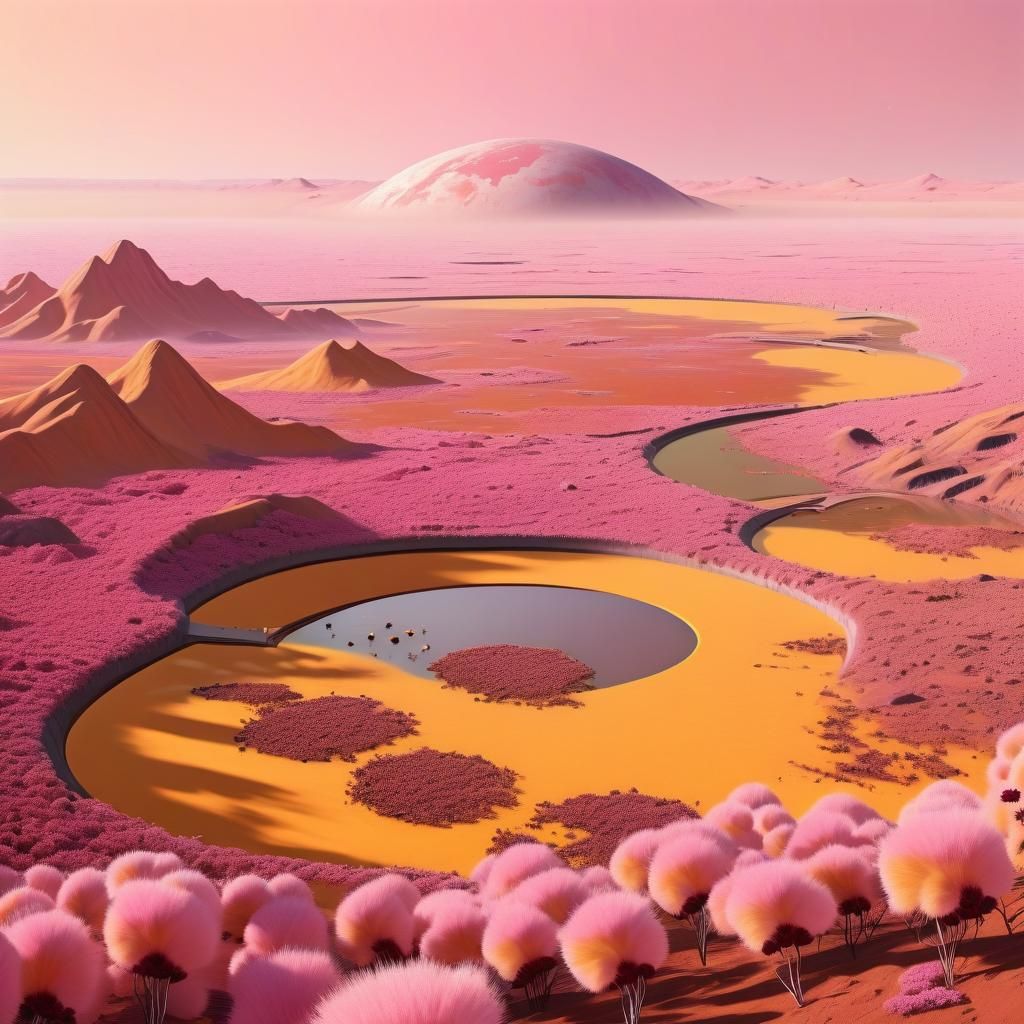 Retrofuturistic Alien Planet with Pink Sky and River