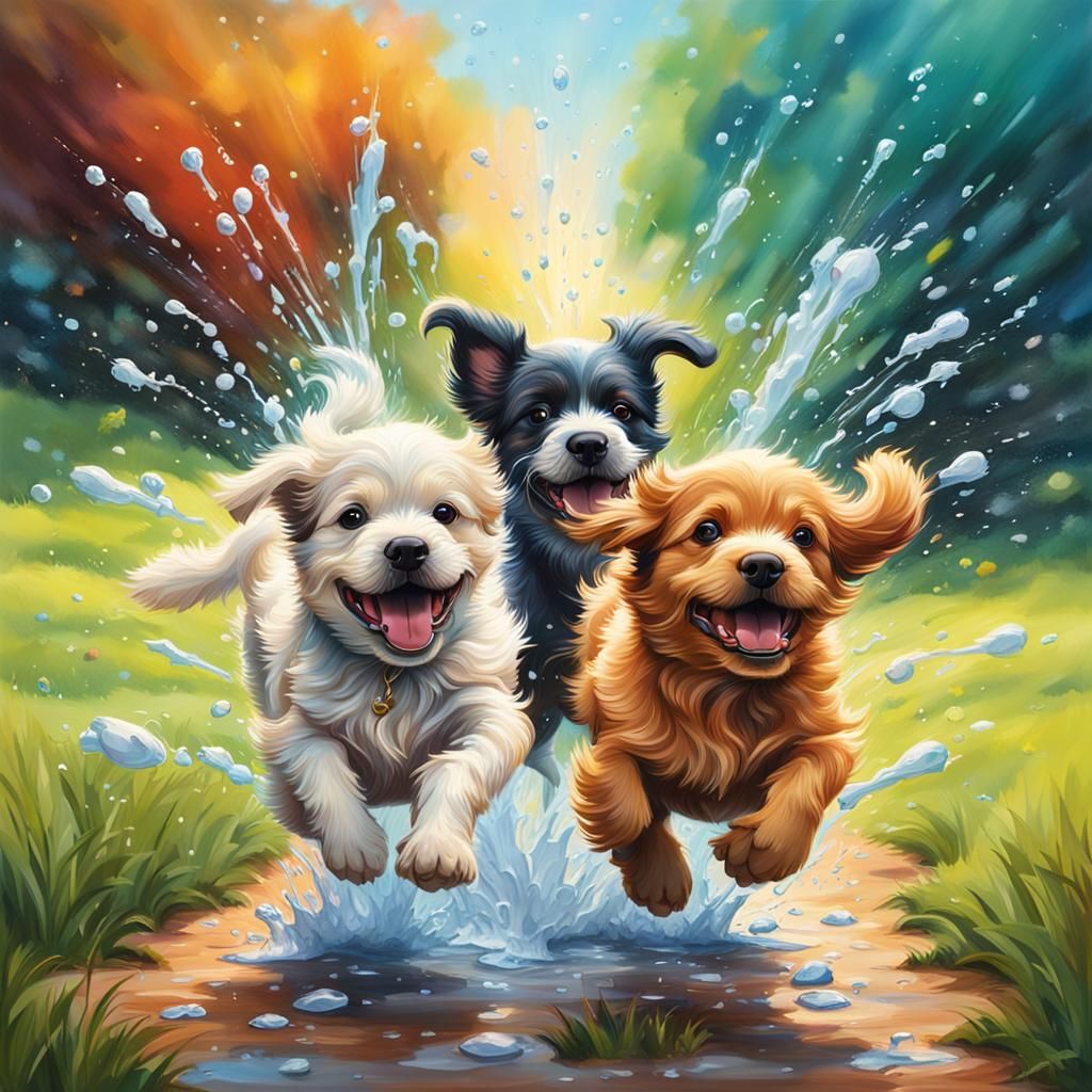 Happy Puppies Play on Lawn in Hyperrealistic Style