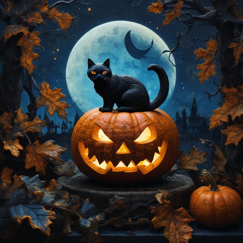 Pumpkin Carved with Cat and Moon in Oil Painting Style