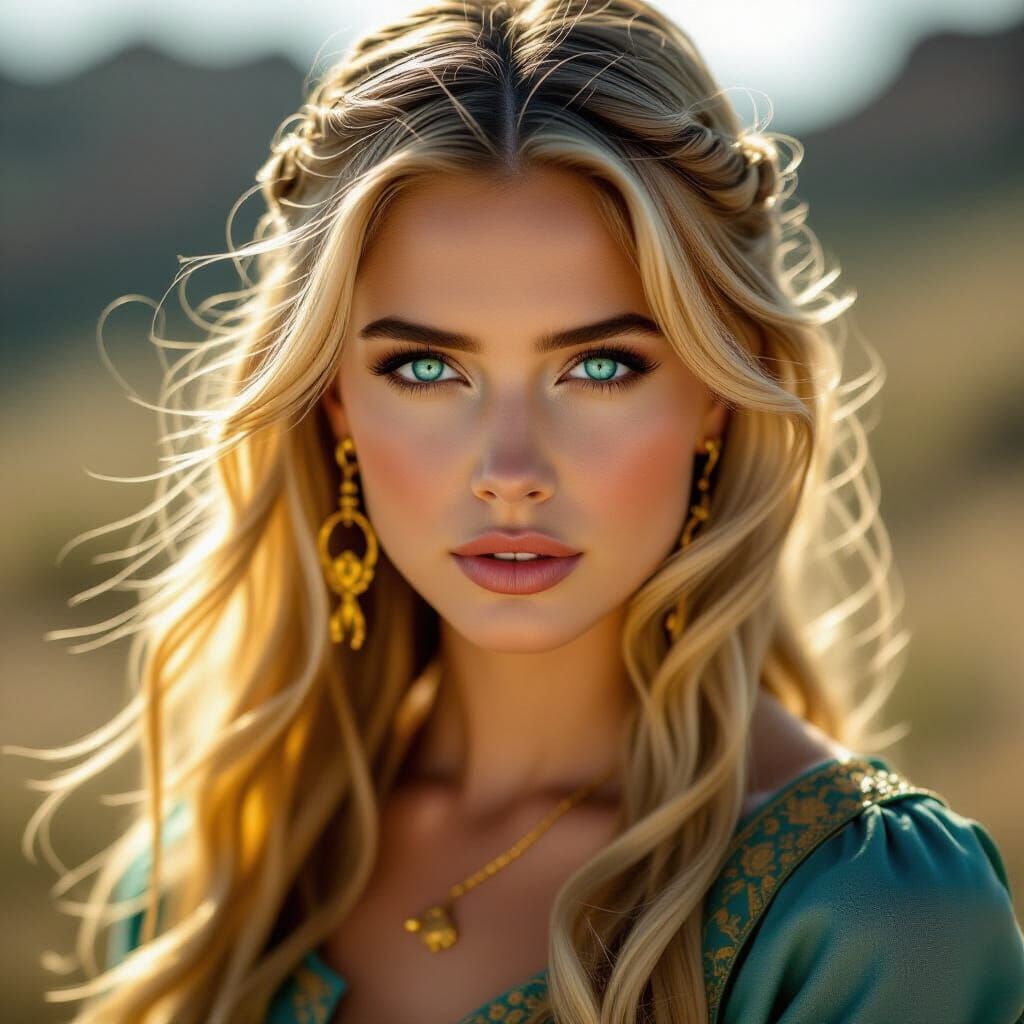 Golden Haired Beauty with Turquoise Eyes, Cinematic Portrait