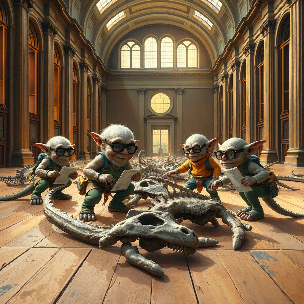 Goblins Assemble Dinosaur Skeleton as Gouache Painting