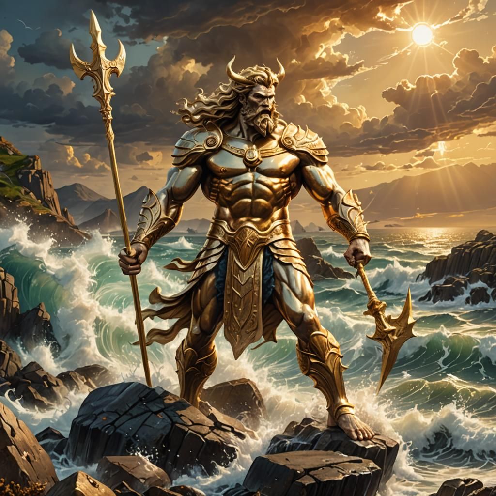 Golden Poseidon's Wrath: Mythological Illustration