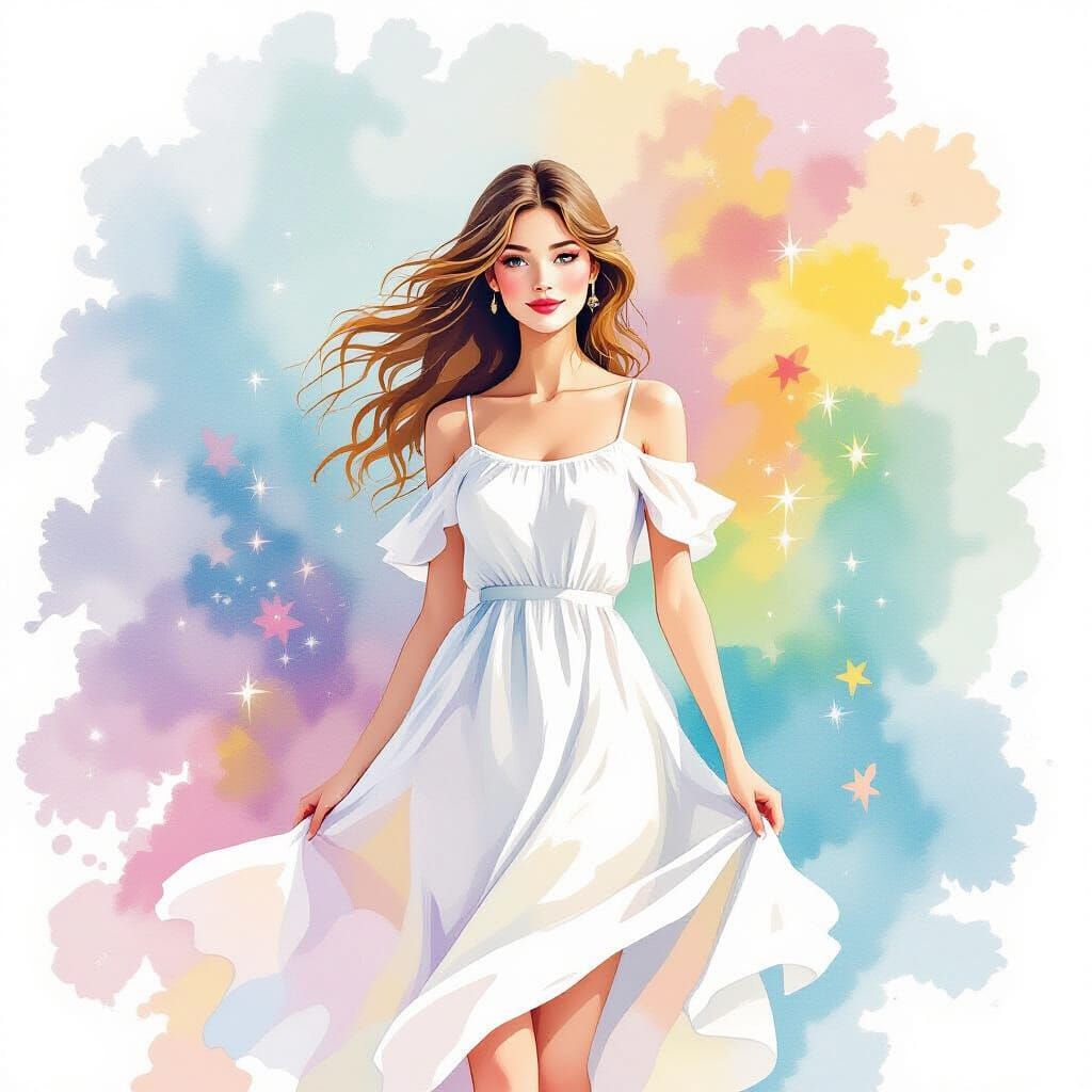 Rainbow Aura Lady in Whimsical Watercolour Style