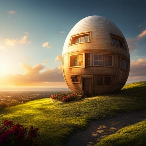 Hyperrealistic Egg-Shaped House in Splash Art Style