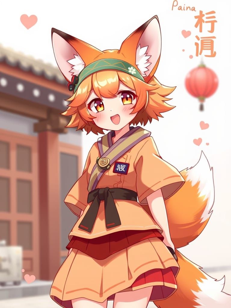 Fox Girl with Traditional Outfit in Anime Style