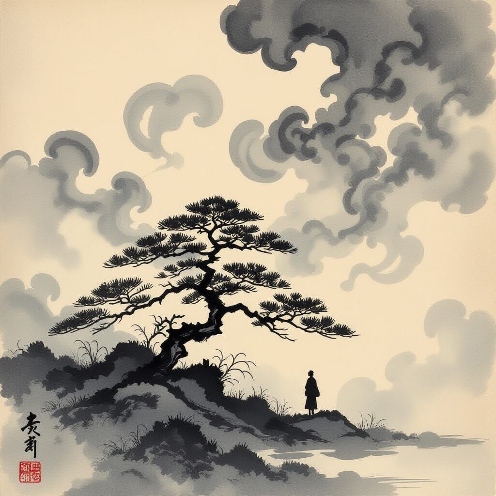 Japanese Inksplash: Clouds Enveloping Tree and Soul