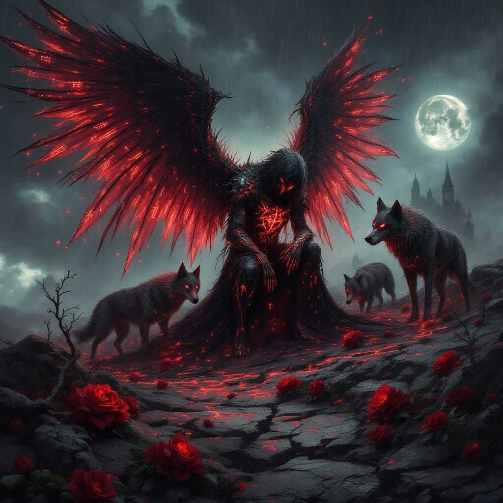 Fallen Angel in Crimson Ruin: Shattered Wings and Ancient Pa...