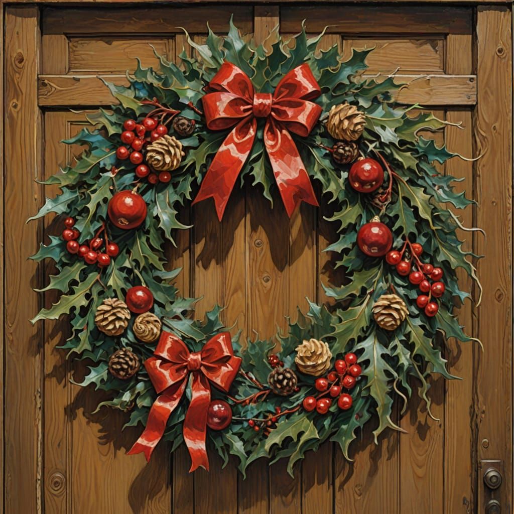 Vibrant Winter Wreath on Rustic Door in Neo-Impressionist St...