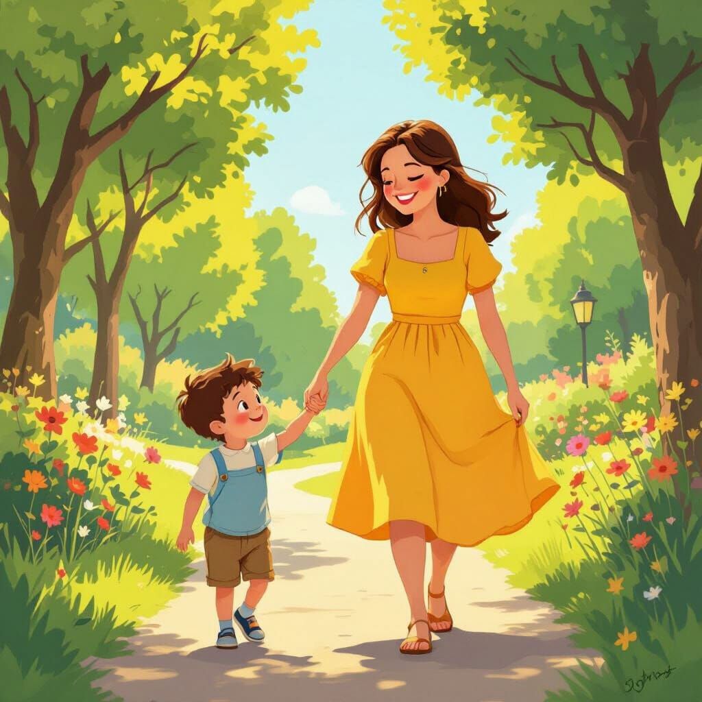 Mom and Son in Sunny Park Cartoon Style