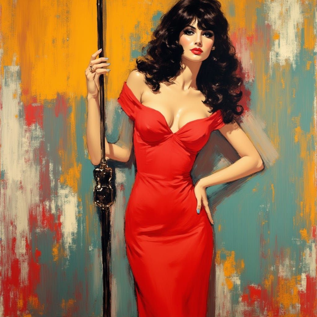 Elegant Brunette in Red Dress, Art Nouveau Style