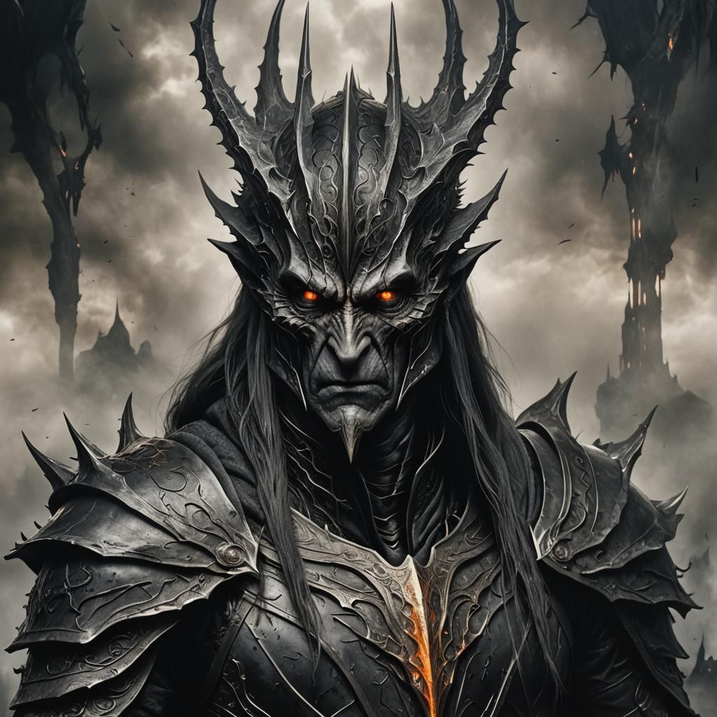 Hyperrealistic Sauron in Dark Fantasy Style