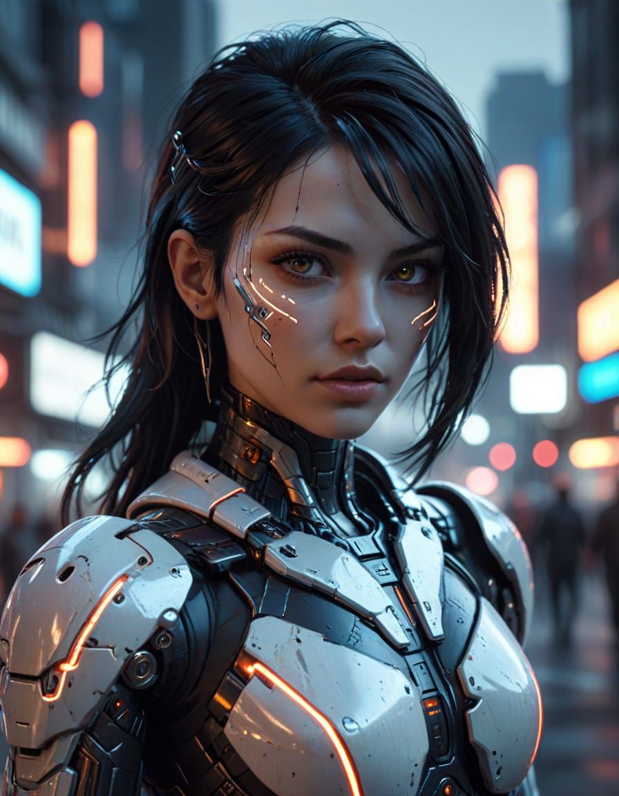 Cyberpunk Android in Neon Cityscape