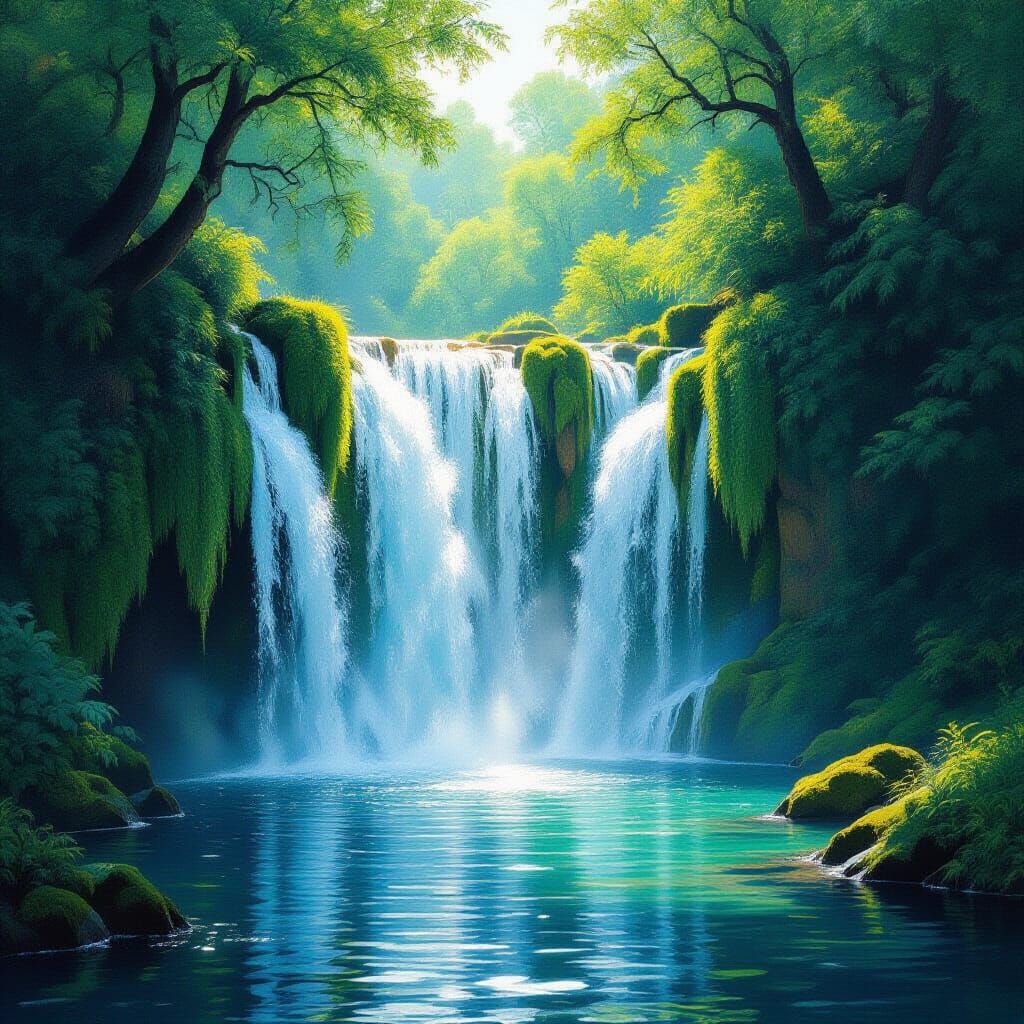 Majestic Waterfall in Verdant Landscape: Impressionistic Rea...