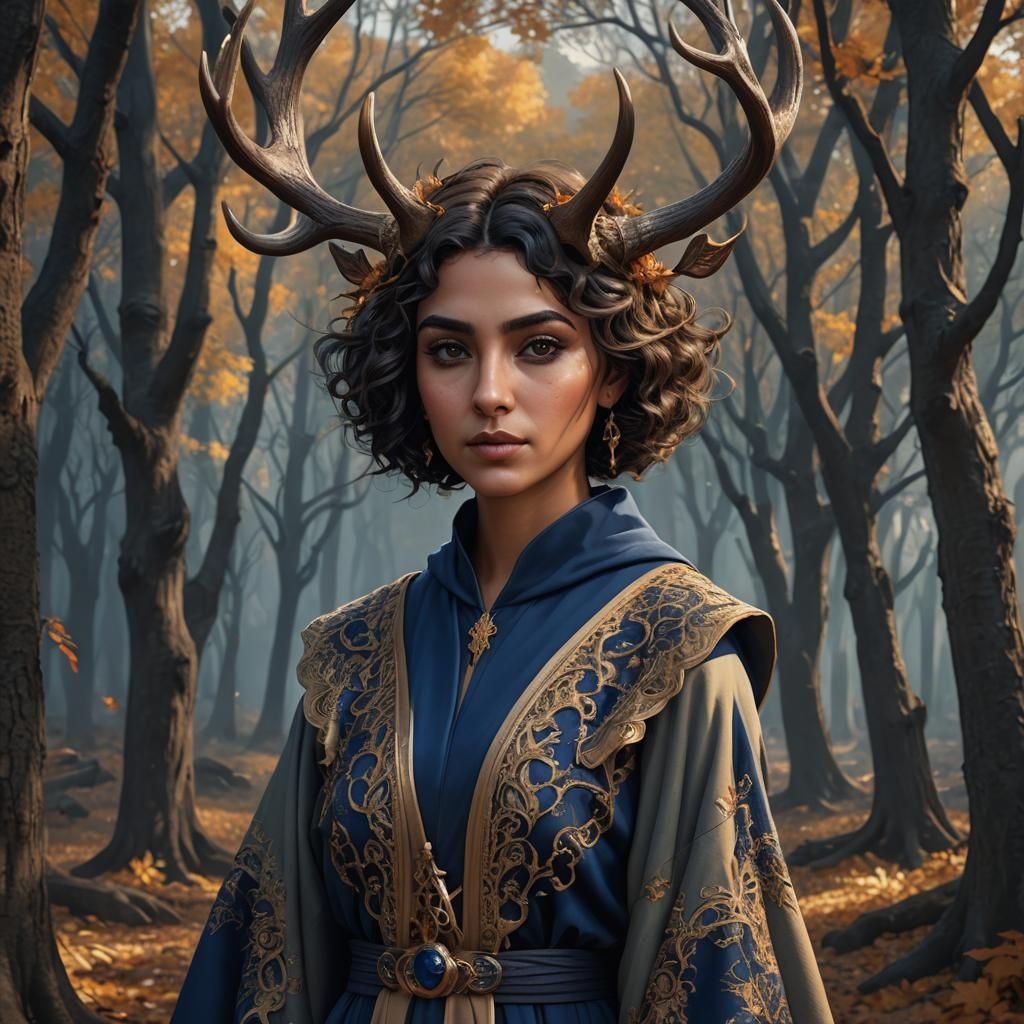 Arabic Woman with Antlers in Autumn Forest