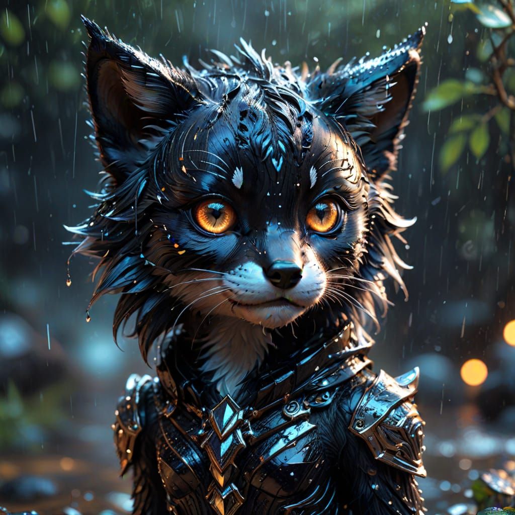 Chibi Black Fox with Prismatic Eyes in Rain
