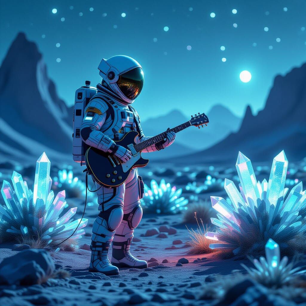 Astronaut Plays Guitar on Alien Planet with Crystalline Flor...