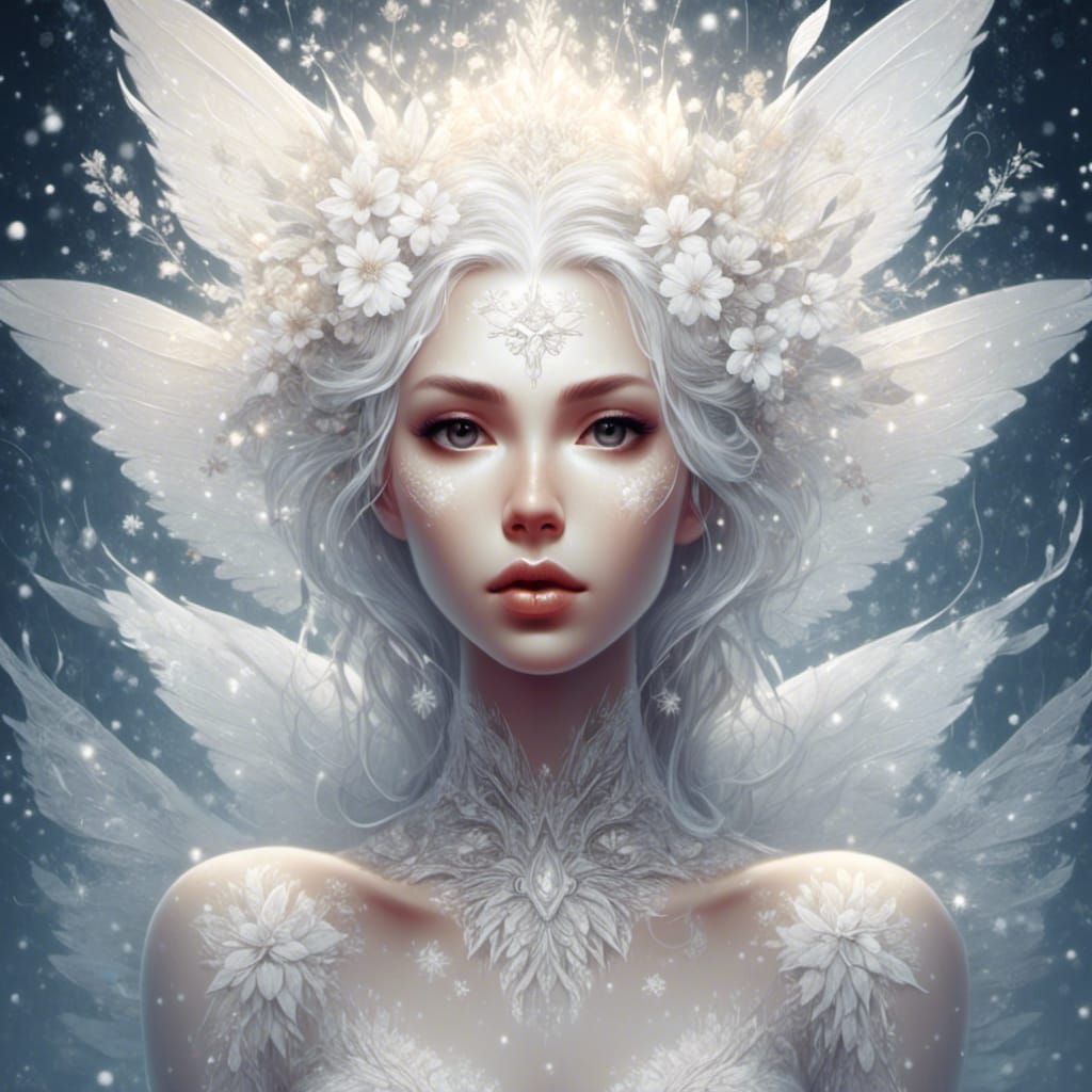 Full body portrait of Whimsical white fairy woman with glowing white snow all around, <lora:Trio:1.0>