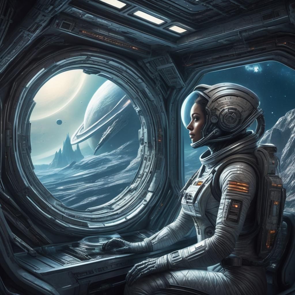 living on a spaceship fit women in a tight spacesuit looking out a spaceship window at alien creatures monsters hyperdet...