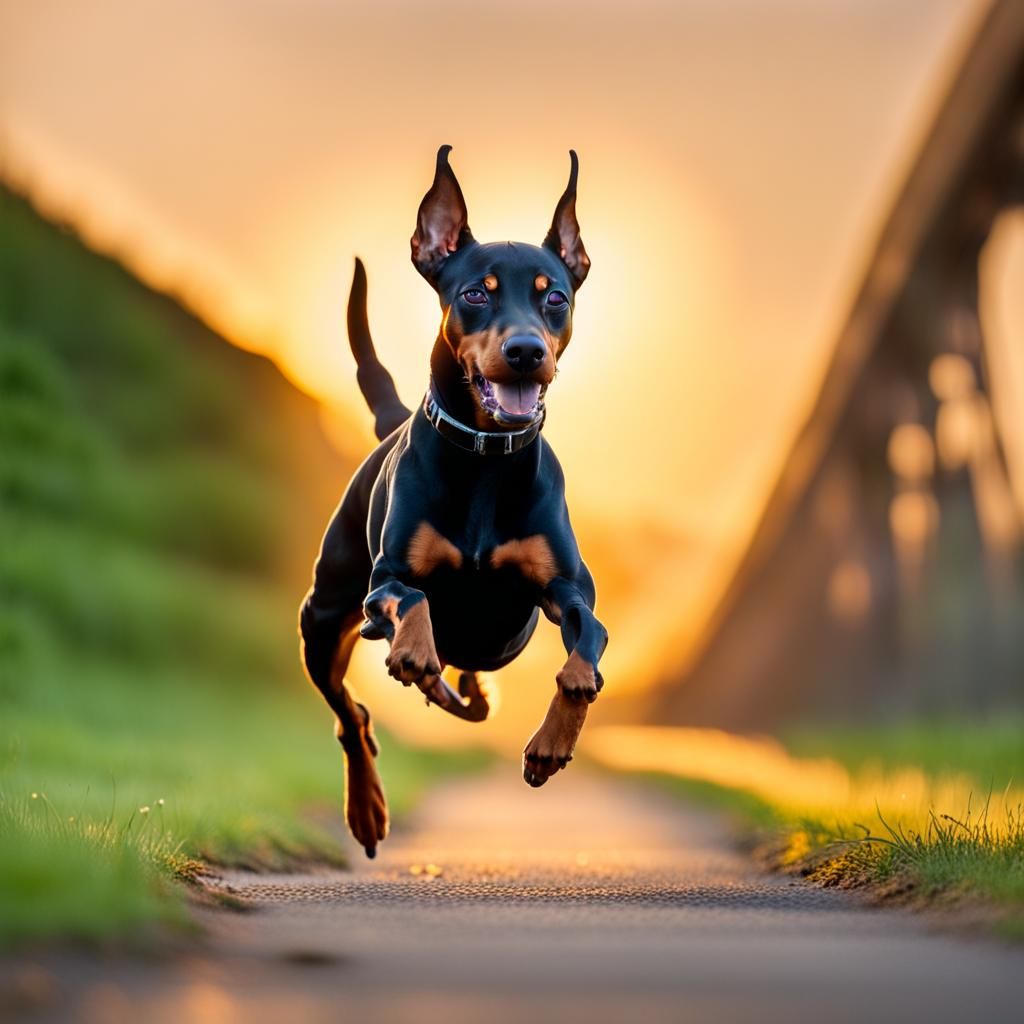Mini Doberman Runs Rainbow Bridge at Sunset