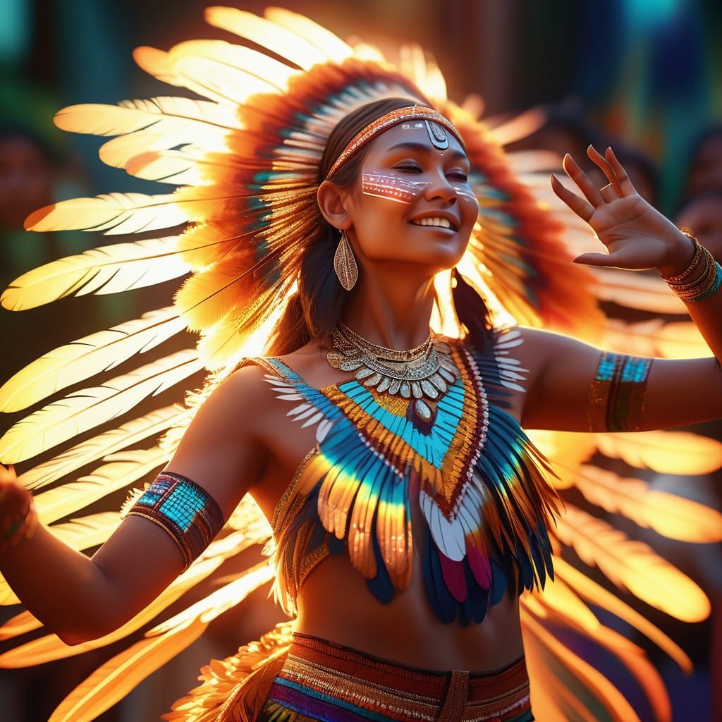 Indigenous Woman Dancing in Vibrant Digital Art