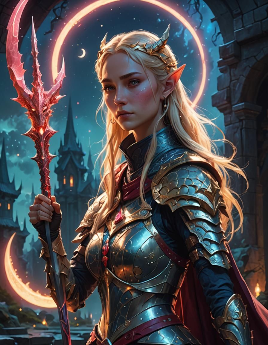 Elf Goddess with Moon Dragon in Mystical Temple