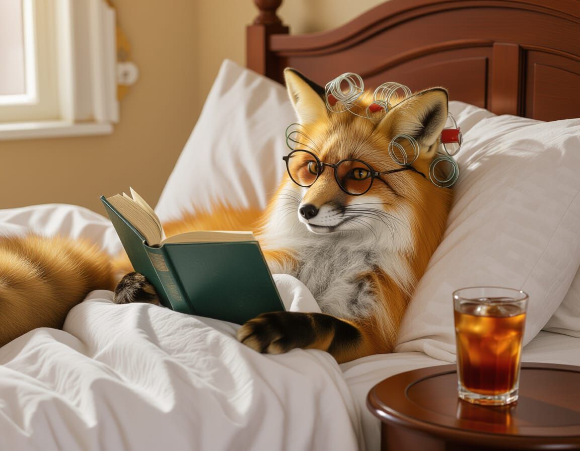 Fox Reading in Bed with Curlers and Glasses