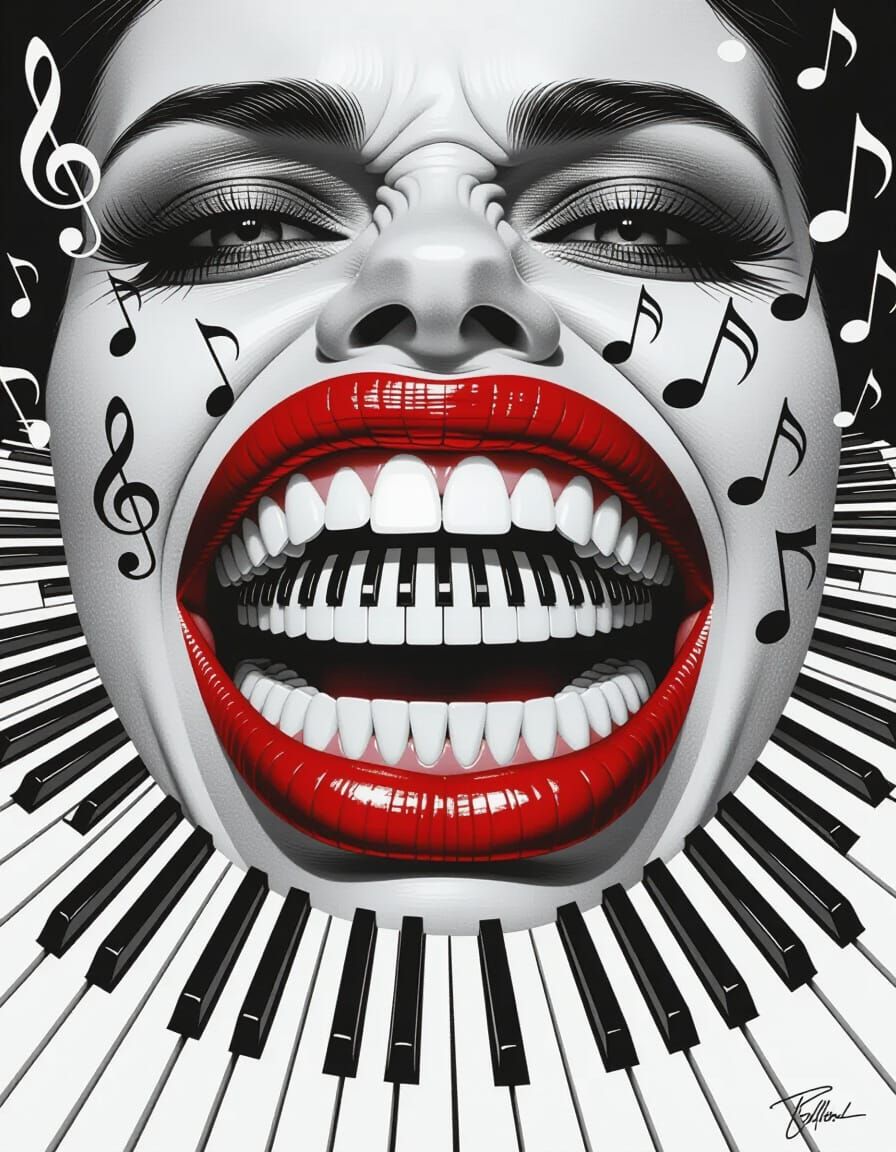 Surreal Mouth of Piano Keys Merging with Keyboard