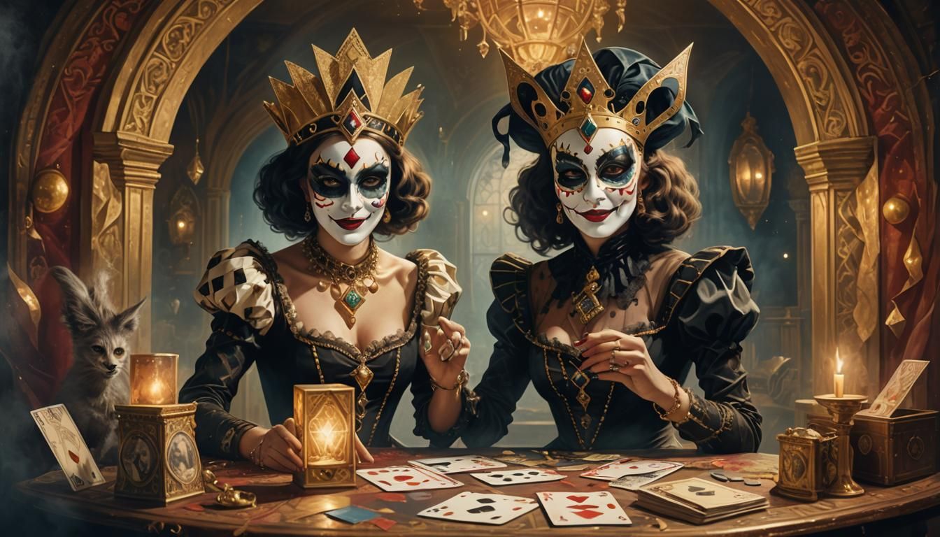 Gothic Harlequin Emerges from Queen Card: Surreal Art