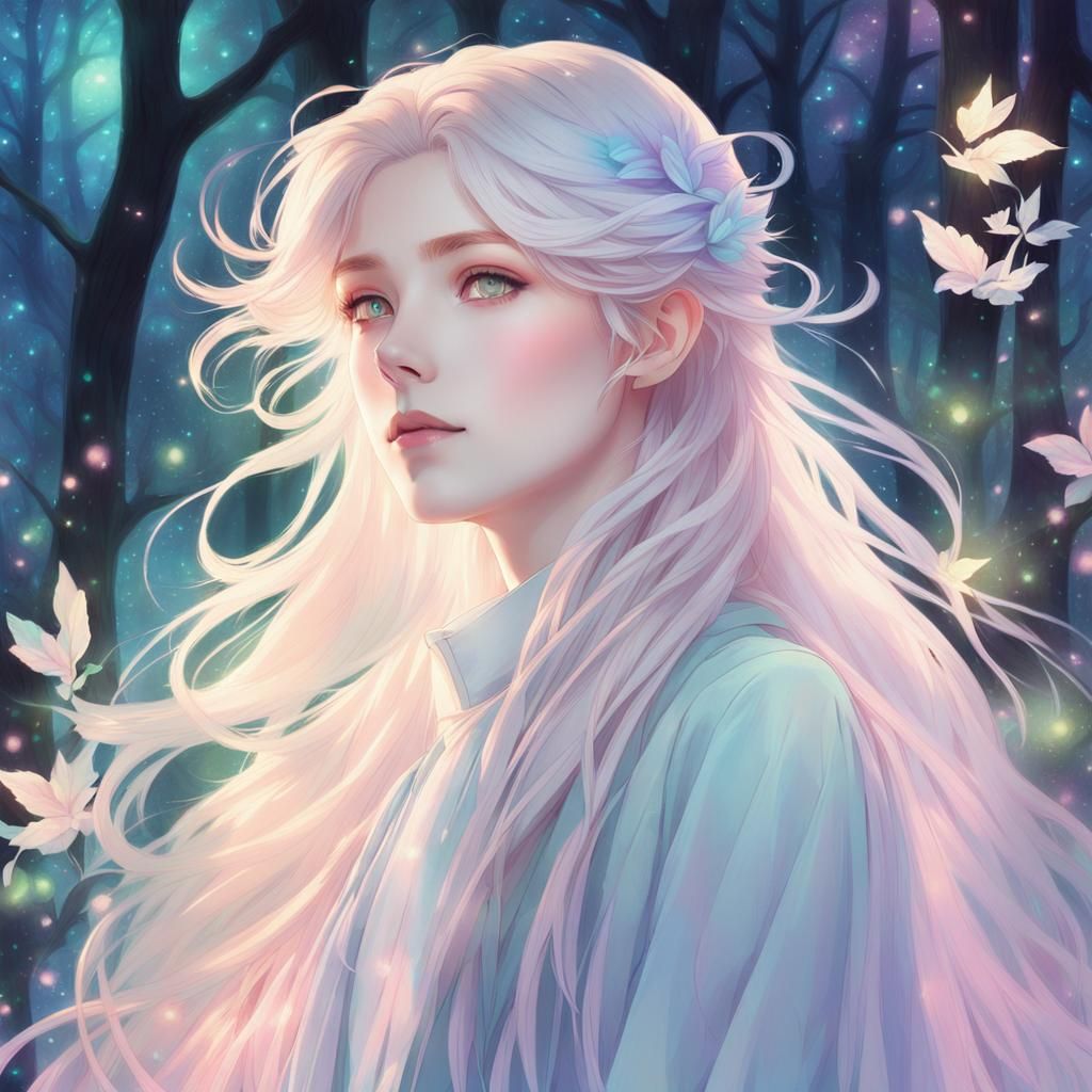 Anime-Inspired Androgynous Character in Glowing Forest