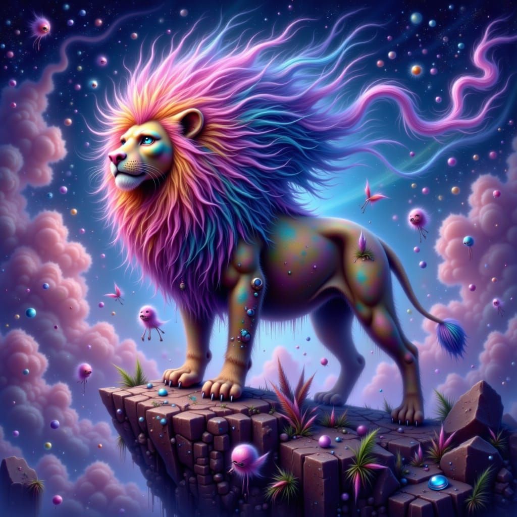 Lion with Starry Mane Overlooking Nebula, Digital Painting