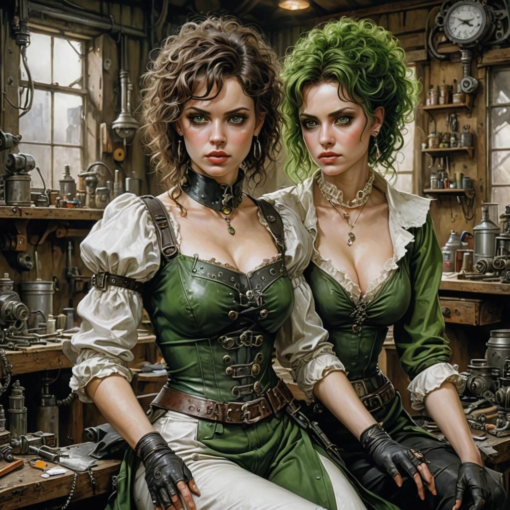 Steampunk Woman in Workshop, Detailed Digital Art