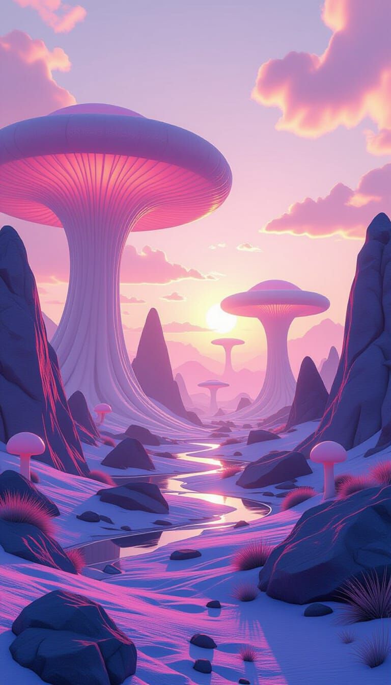 Surreal Pastel Alien Landscape with Bioluminescent Fungi