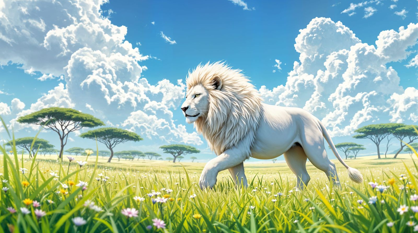 Anime-Inspired White Lion Roams Vibrant Savannah