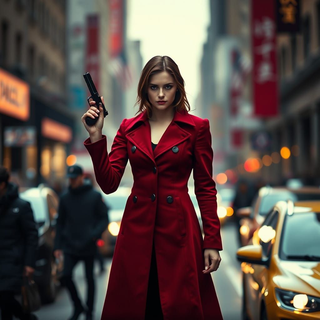 Alice in Crimson Coat Confidently Holds Pistol on Bustling C...