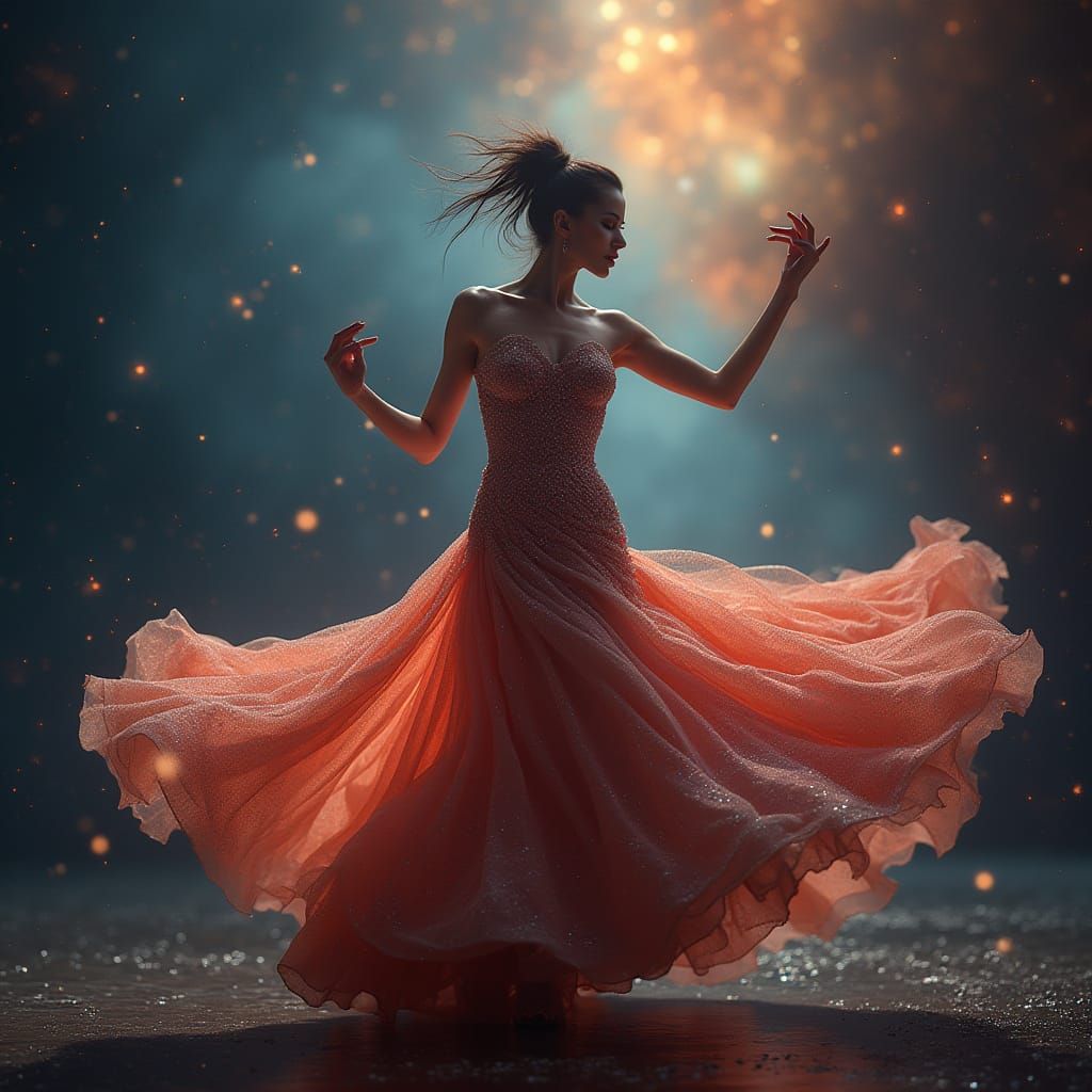 Flamenco Dancer Twirling in Nebula with Iridescent Dress