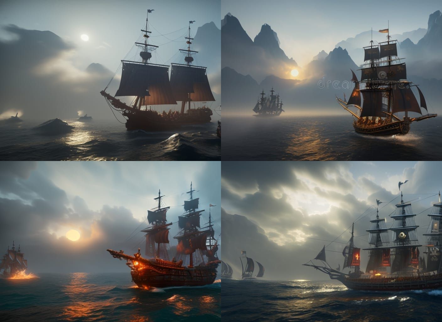 Pirate Galleons Seascape in Art Nouveau Style