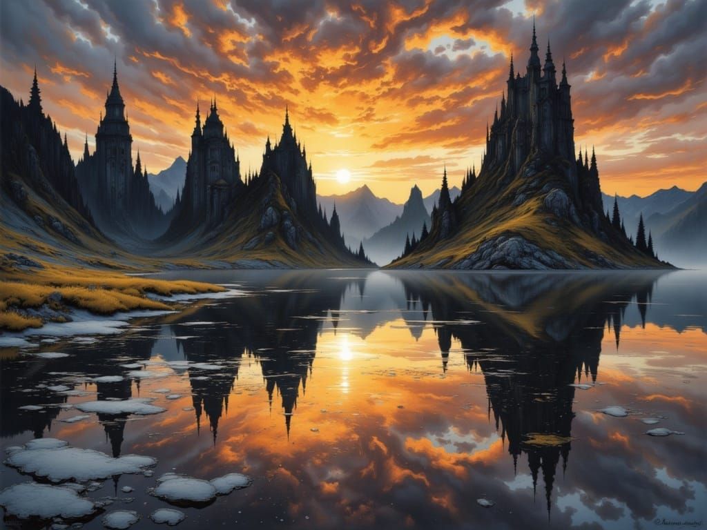 Surreal Ruined City Reflected in Sunset Lake