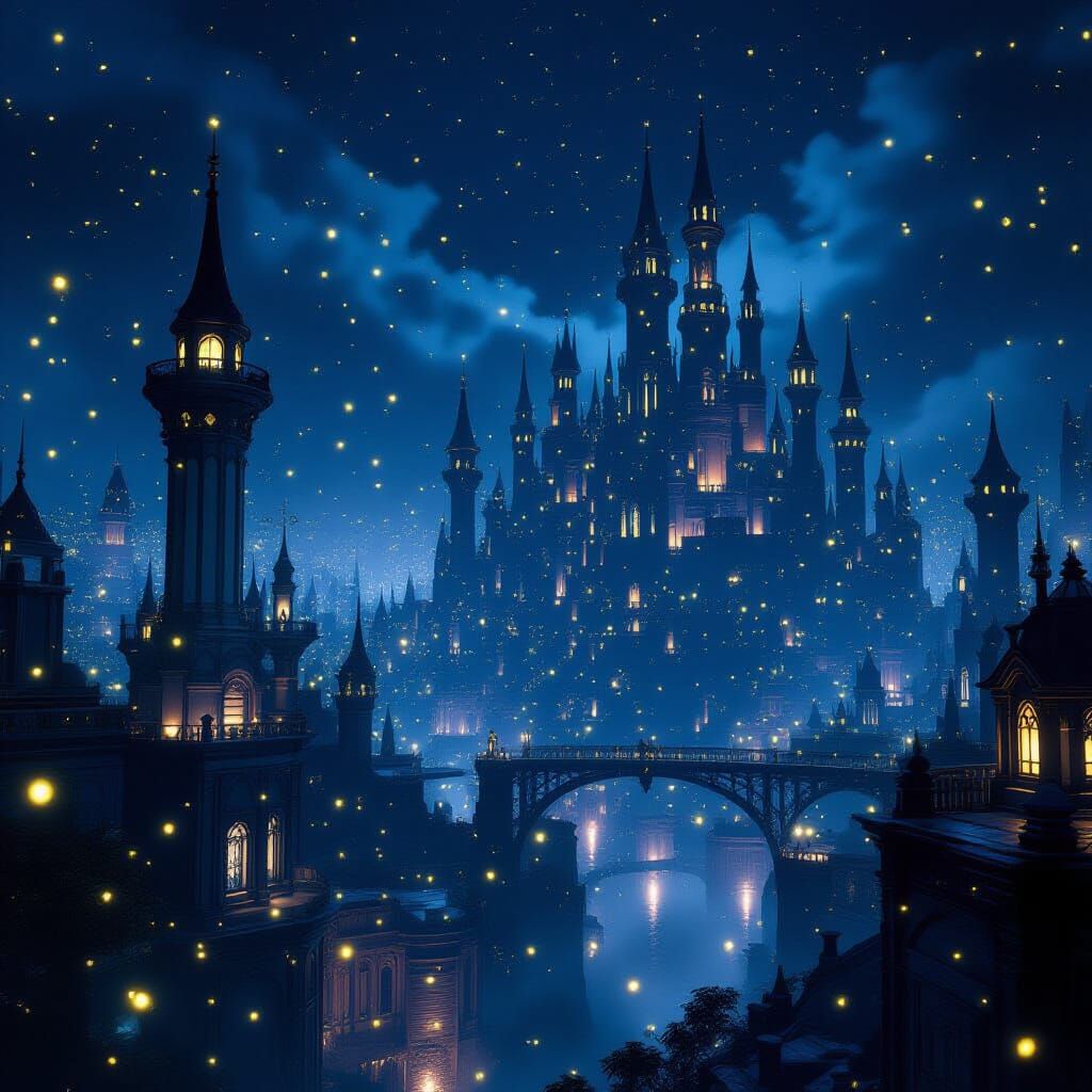 Dark Fantasy Cityscape Aglow with Fireflies